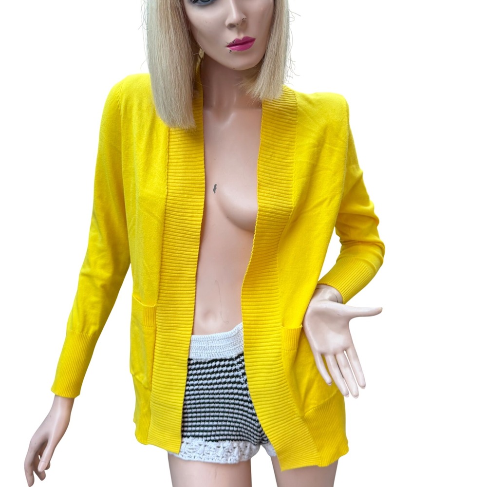 Yellow Open Front Cardigan‎ Shoulder Pads Bright Preppy Dopamine Dressing Small